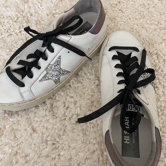 Golden Goose Hi Star White Sneakers with Silver Glitter Star - Picture 2 of 8